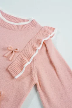 Online Dear-Lover Ruffled Bowknot Ribbed Trim Long Sleeve Sweater Light Pink