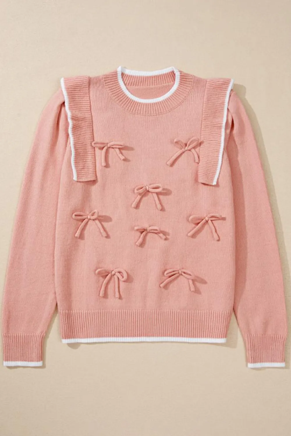 Online Dear-Lover Ruffled Bowknot Ribbed Trim Long Sleeve Sweater Light Pink