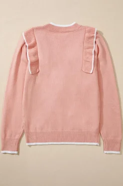 Online Dear-Lover Ruffled Bowknot Ribbed Trim Long Sleeve Sweater Light Pink