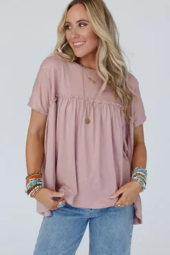 Sale Dear-Lover Ruffled Trim Loose Babydoll Tee Light Pink