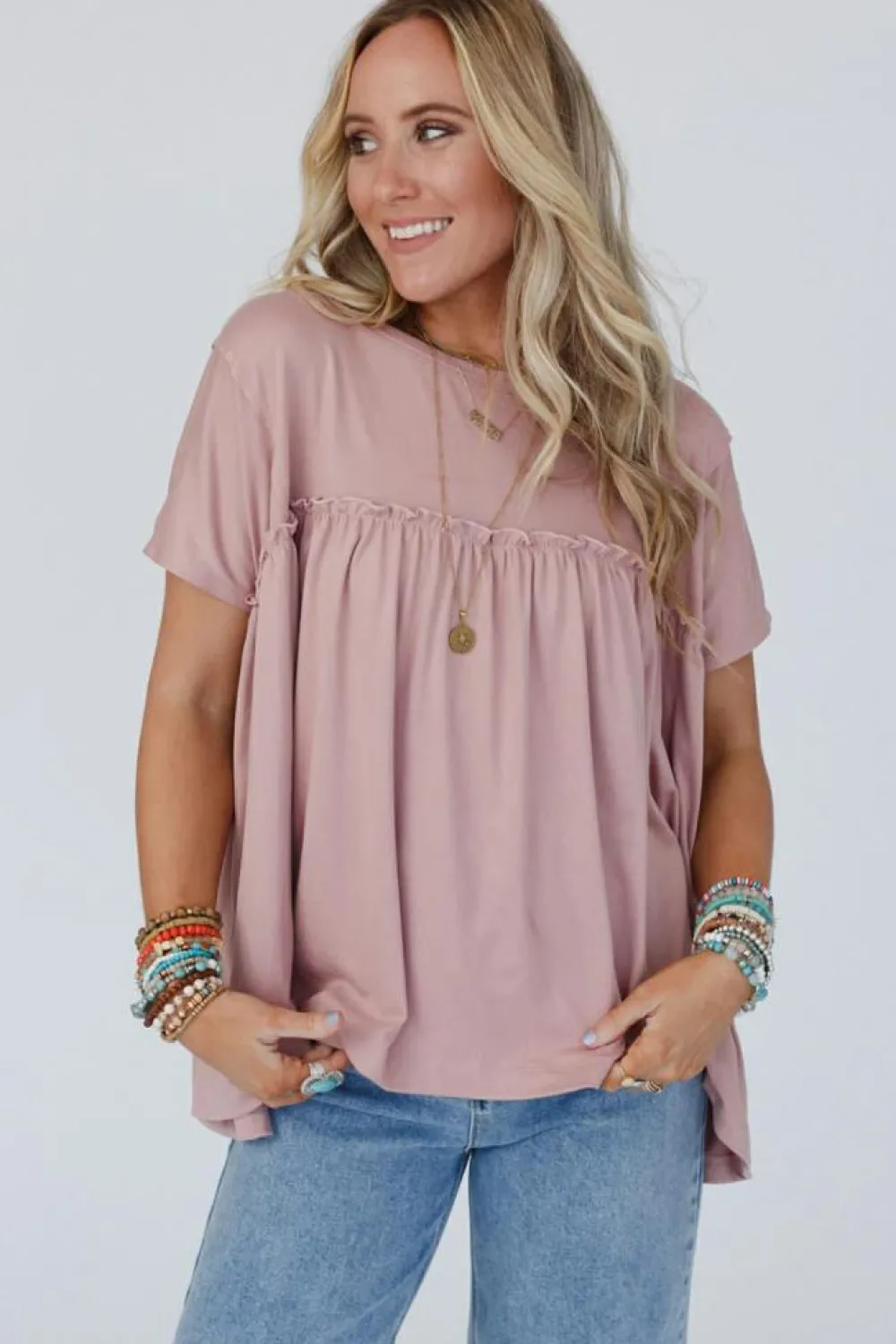 Sale Dear-Lover Ruffled Trim Loose Babydoll Tee Light Pink