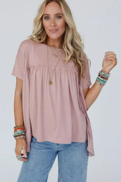 Sale Dear-Lover Ruffled Trim Loose Babydoll Tee Light Pink