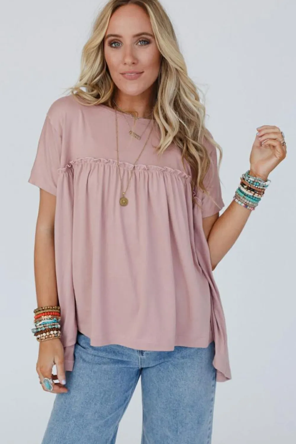 Sale Dear-Lover Ruffled Trim Loose Babydoll Tee Light Pink