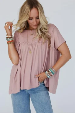 Sale Dear-Lover Ruffled Trim Loose Babydoll Tee Light Pink
