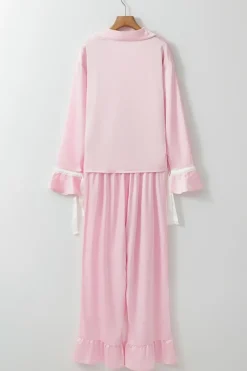 Hot Dear-Lover Satin Knot Accent Shirt and Ruffled Pants Lounge Set Light Pink