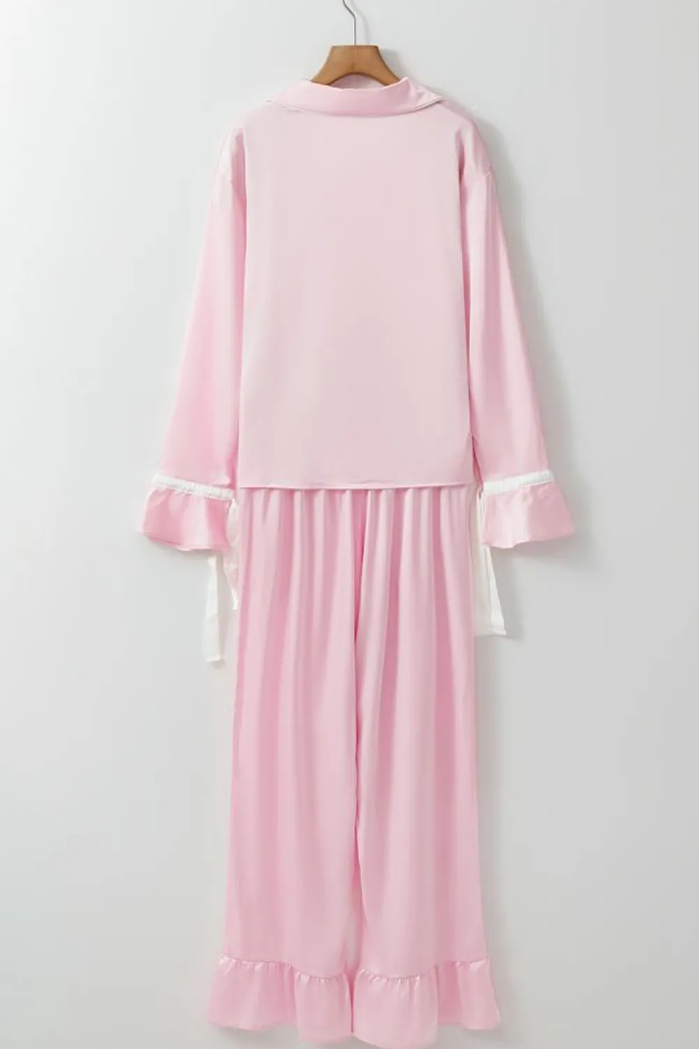 Hot Dear-Lover Satin Knot Accent Shirt and Ruffled Pants Lounge Set Light Pink