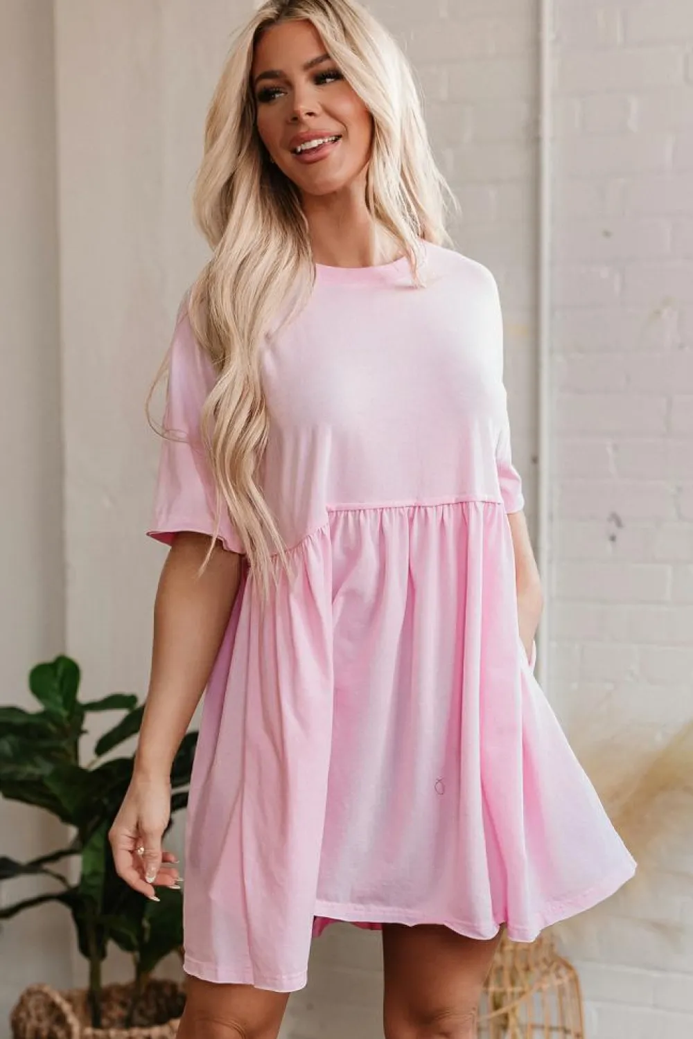 Sale Dear-Lover Solid Color Pocketed Raw Edge Babydoll Dress Light Pink