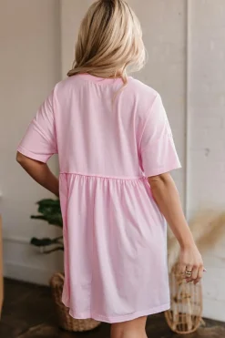 Sale Dear-Lover Solid Color Pocketed Raw Edge Babydoll Dress Light Pink