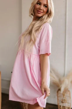 Sale Dear-Lover Solid Color Pocketed Raw Edge Babydoll Dress Light Pink