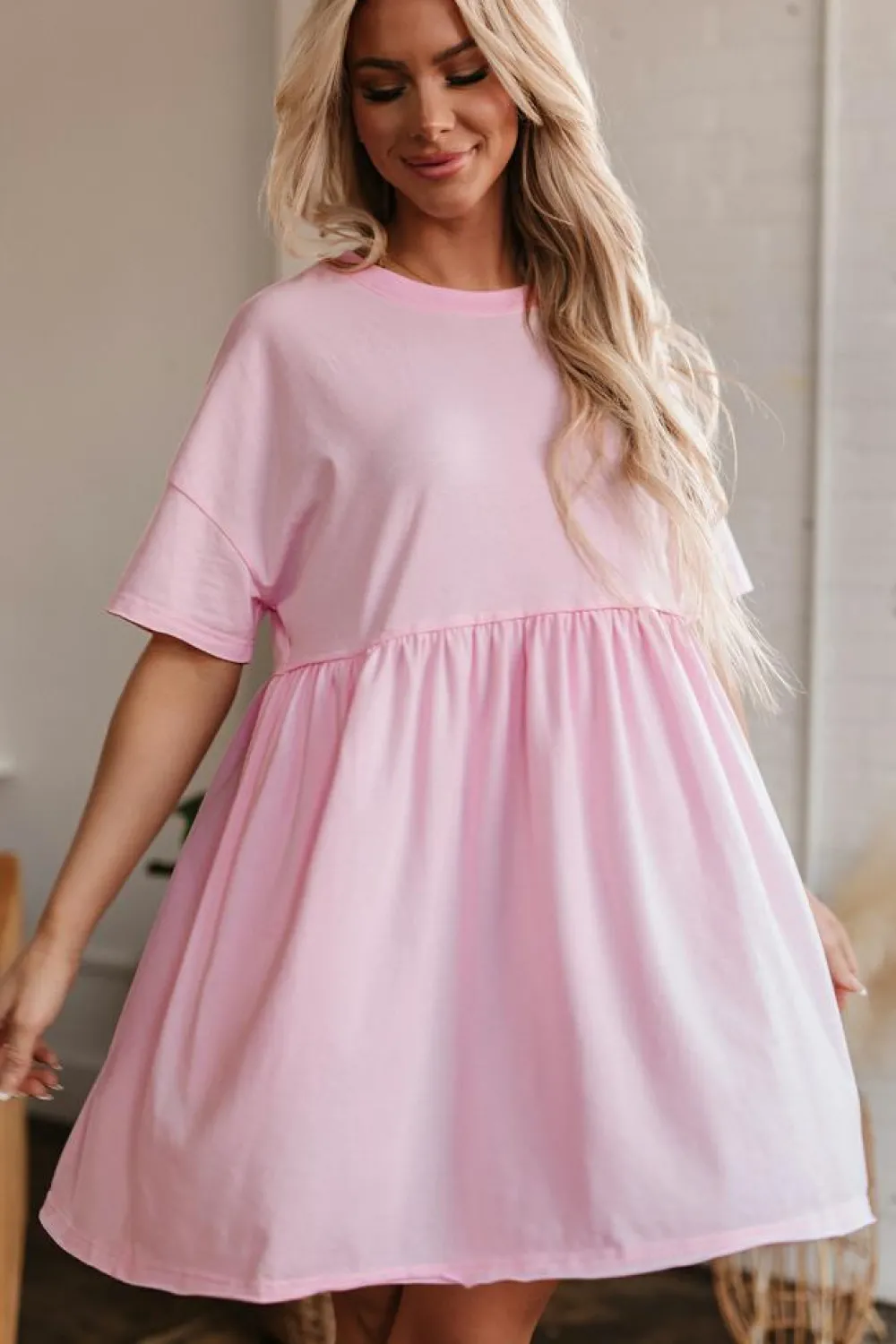 Sale Dear-Lover Solid Color Pocketed Raw Edge Babydoll Dress Light Pink