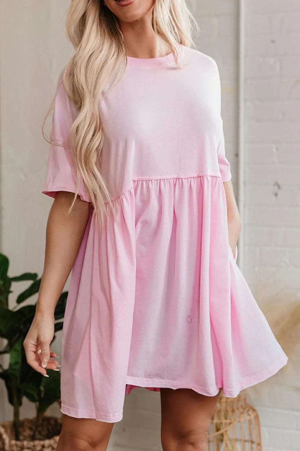 Sale Dear-Lover Solid Color Pocketed Raw Edge Babydoll Dress Light Pink