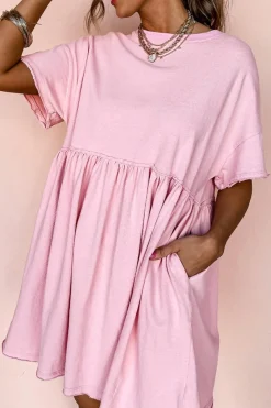 Sale Dear-Lover Solid Color Pocketed Raw Edge Babydoll Dress Light Pink
