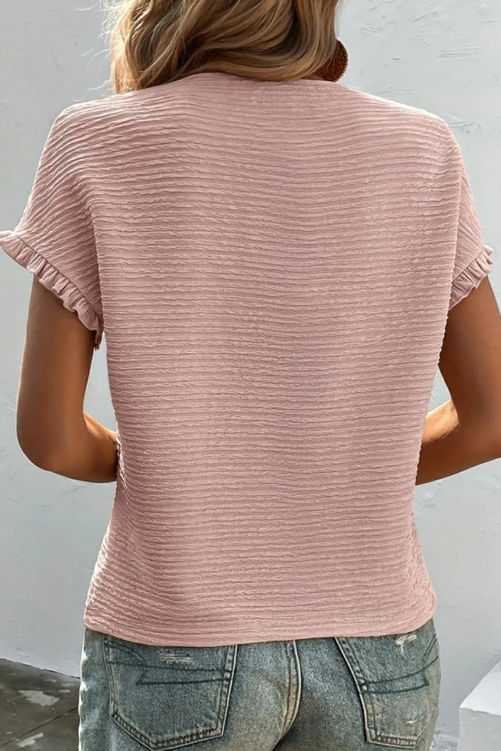 New Dear-Lover Solid Textured Ruffled Short Sleeve Blouse Light Pink