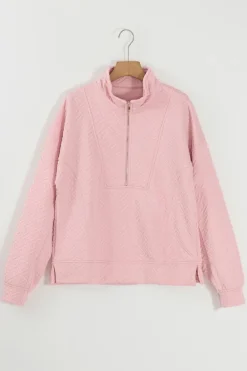 Best Dear-Lover Solid Textured Half Zipper Collared Sweatshirt Light Pink