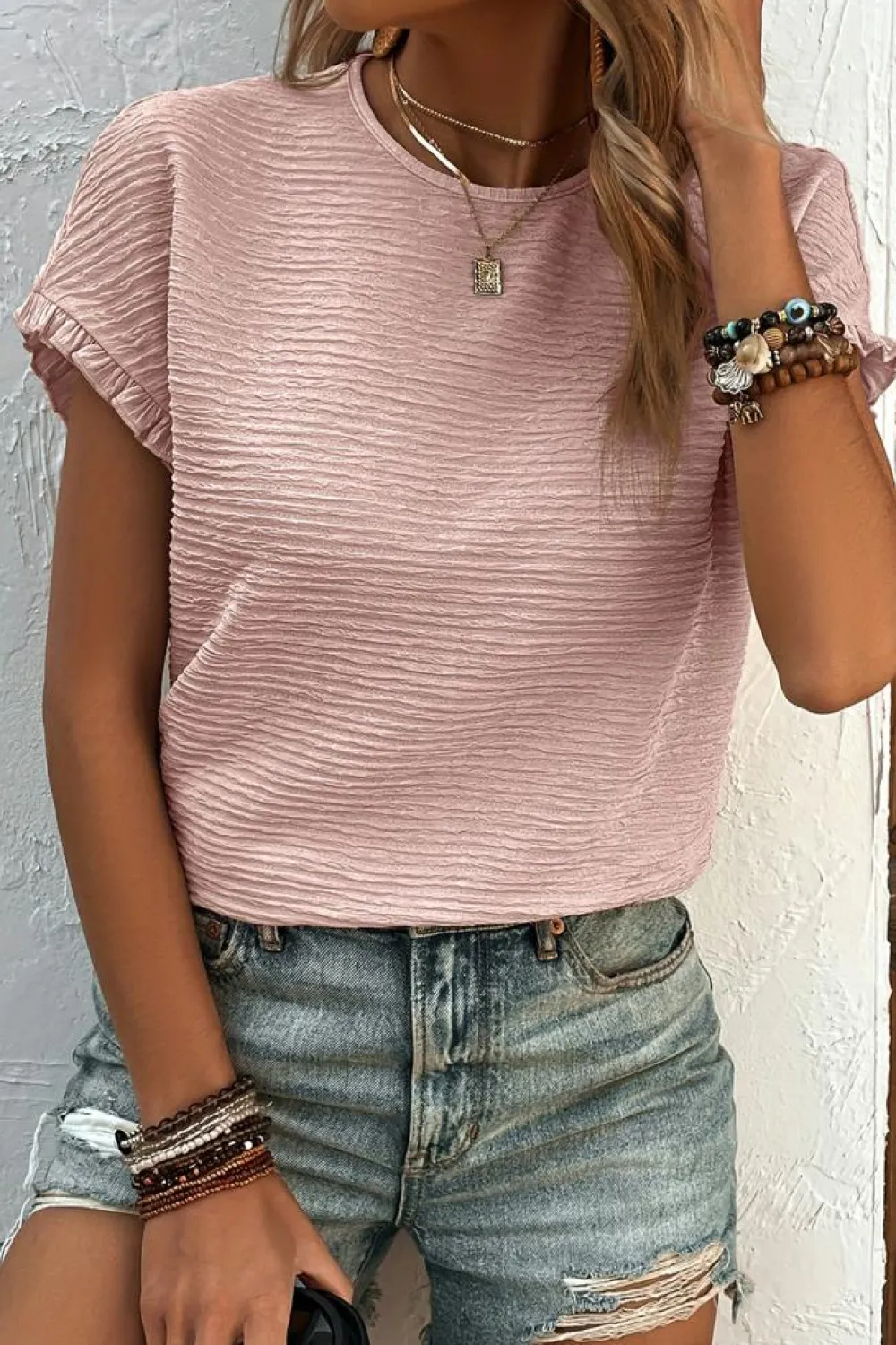 New Dear-Lover Solid Textured Ruffled Short Sleeve Blouse Light Pink