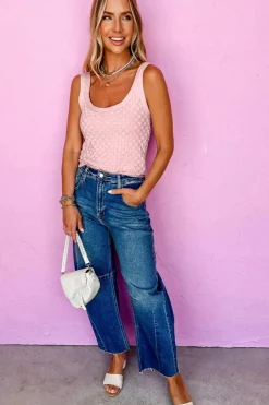 Discount Dear-Lover Solid Textured Checkered U Neck Sweater Vest Light Pink