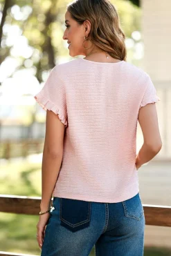 New Dear-Lover Solid Textured Ruffled Short Sleeve Blouse Light Pink