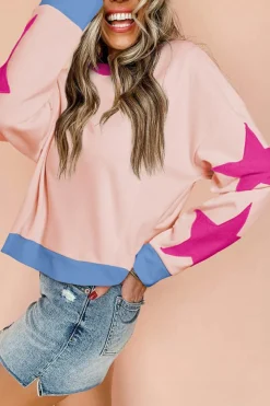 Clearance Dear-Lover Star Patchwork Exposed Seam Oversized Sweatshirt Light Pink