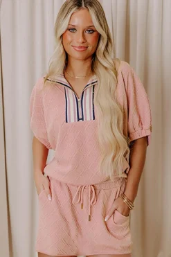 Online Dear-Lover Striped Collared Zip up Textured Skirt Set Light Pink