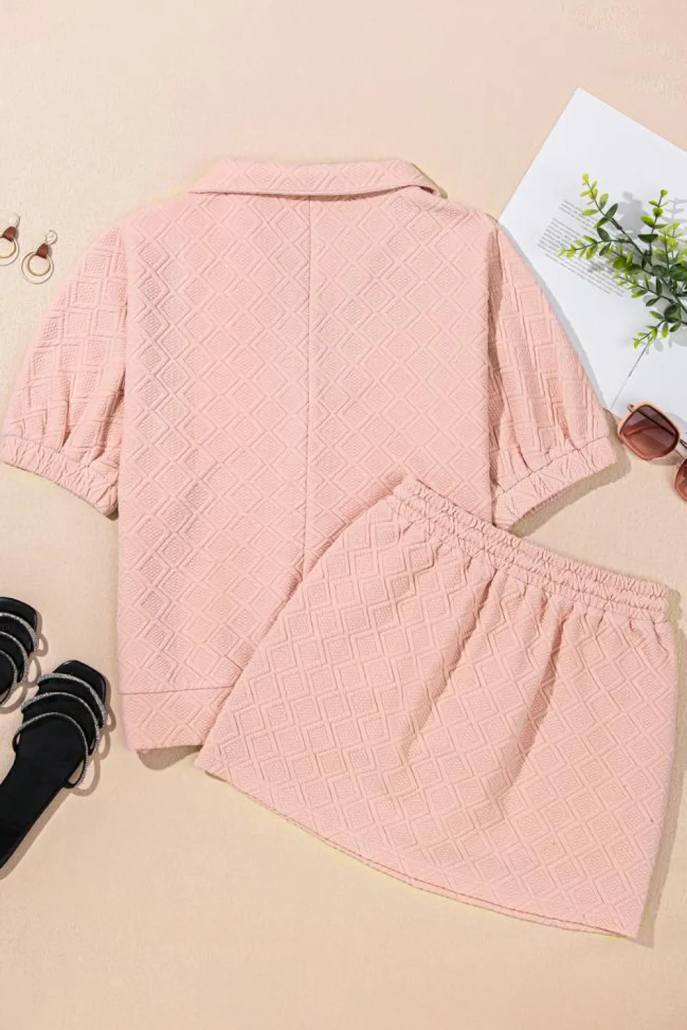 Online Dear-Lover Striped Collared Zip up Textured Skirt Set Light Pink