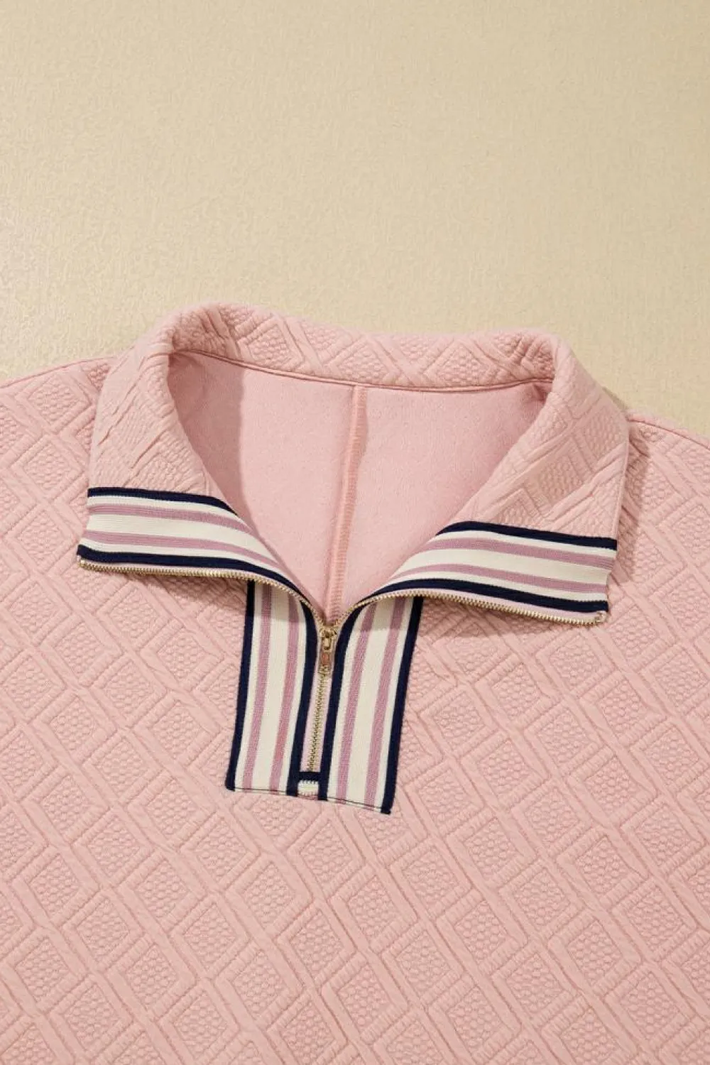 Online Dear-Lover Striped Collared Zip up Textured Skirt Set Light Pink