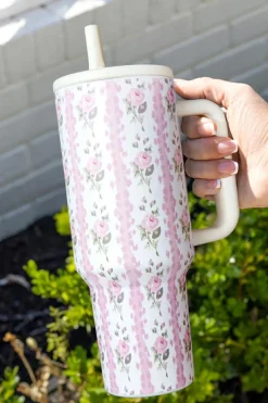 Sale Dear-Lover Sweet Floral Print Straw Insert Thermo Tumbler Cup Light Pink