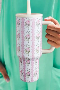Sale Dear-Lover Sweet Floral Print Straw Insert Thermo Tumbler Cup Light Pink