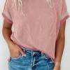 Hot Dear-Lover Textured Contrast Trim Round Neck T Shirt Light Pink