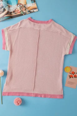 Hot Dear-Lover Textured Contrast Trim Round Neck T Shirt Light Pink
