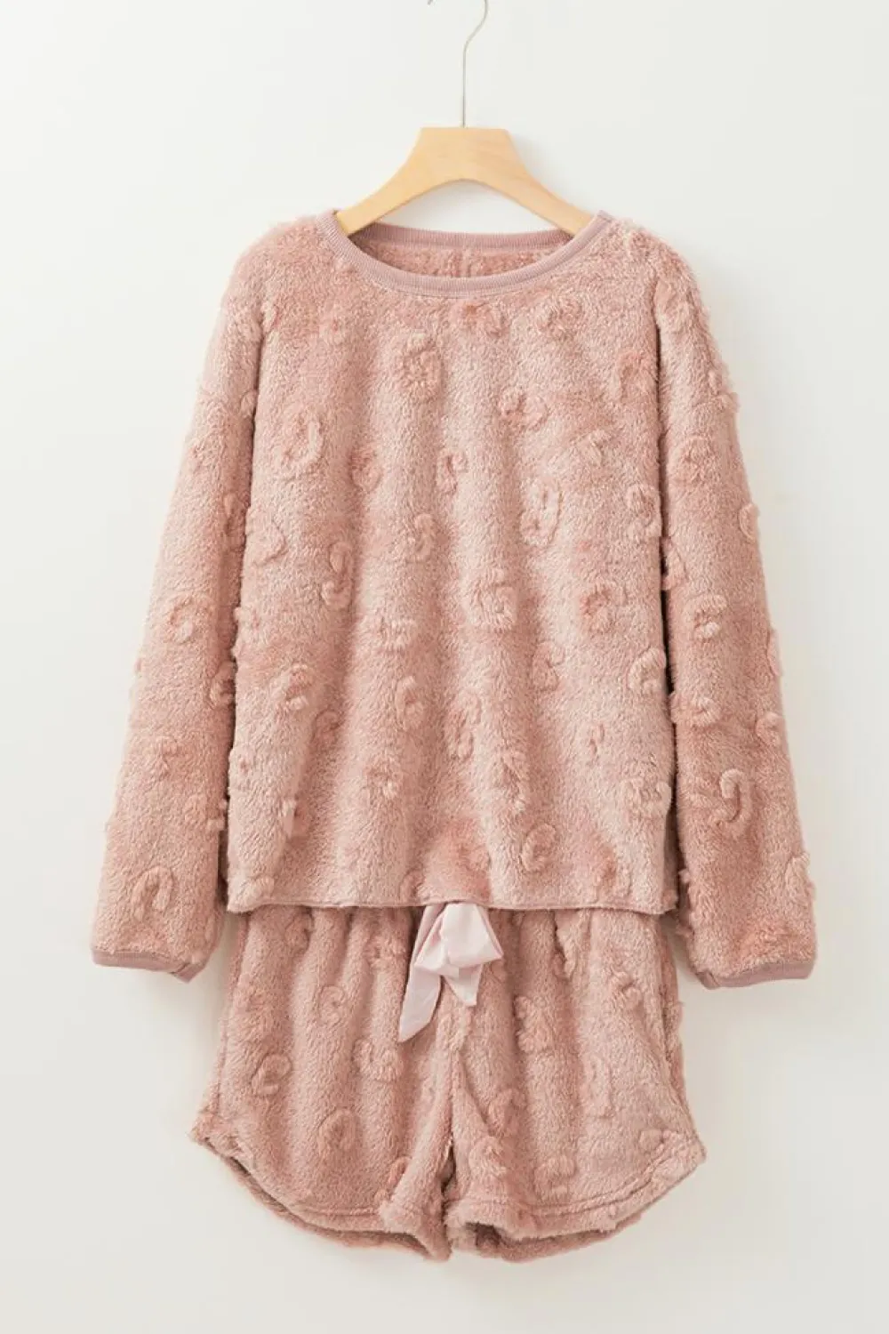 Discount Dear-Lover Textured Leopard Fleece Loose Two Piece Lounge Set Light Pink
