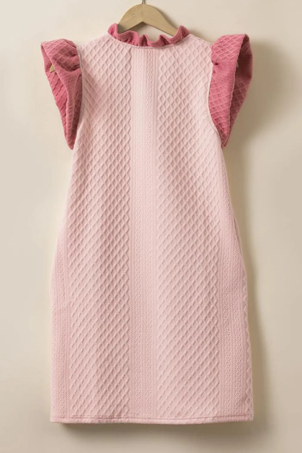 Fashion Dear-Lover Textured Puff Sleeve Ruffled V Neck Shift Mini Dress Light Pink