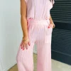 Discount Dear-Lover Textured Short Sleeve Henley Top and Pocketed Wide Leg Pants Light Pink