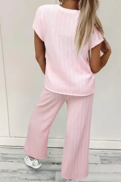 Discount Dear-Lover Textured Short Sleeve Henley Top and Pocketed Wide Leg Pants Light Pink