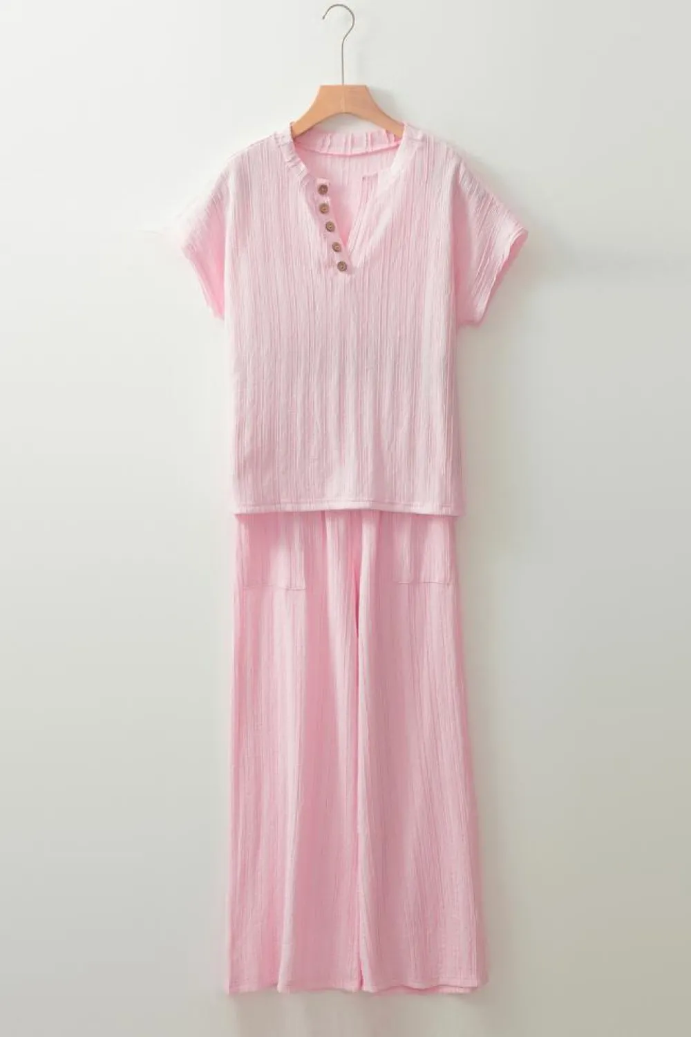 Discount Dear-Lover Textured Short Sleeve Henley Top and Pocketed Wide Leg Pants Light Pink