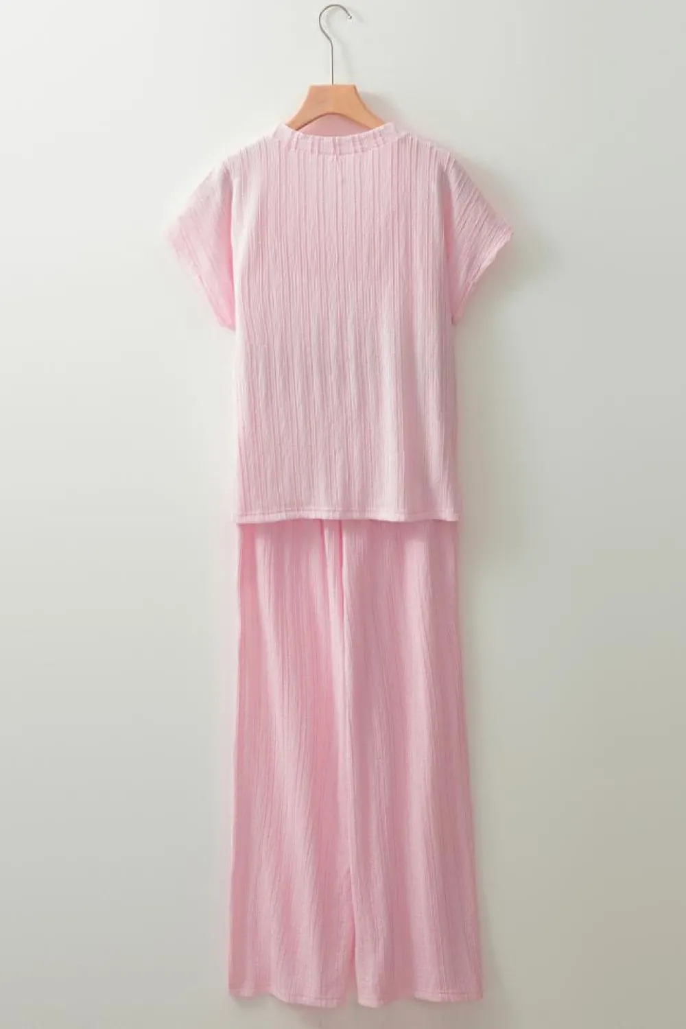 Discount Dear-Lover Textured Short Sleeve Henley Top and Pocketed Wide Leg Pants Light Pink
