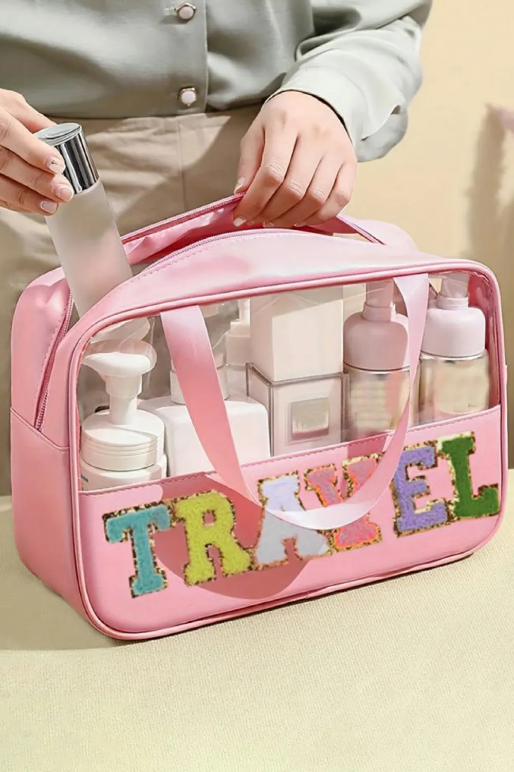 Hot Dear-Lover TRAVEL Chenille Letter Clear PVC Makeup Bag Light Pink