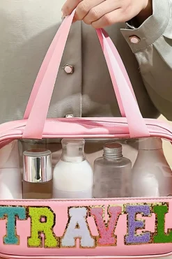 Hot Dear-Lover TRAVEL Chenille Letter Clear PVC Makeup Bag Light Pink