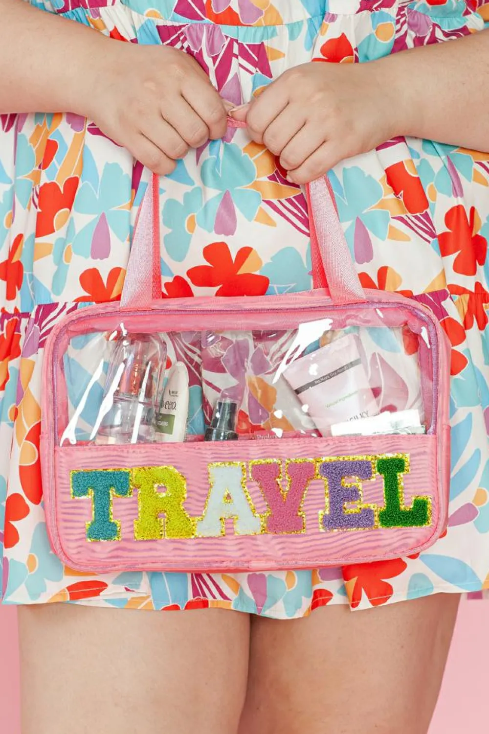 Hot Dear-Lover TRAVEL Chenille Letter Clear PVC Makeup Bag Light Pink