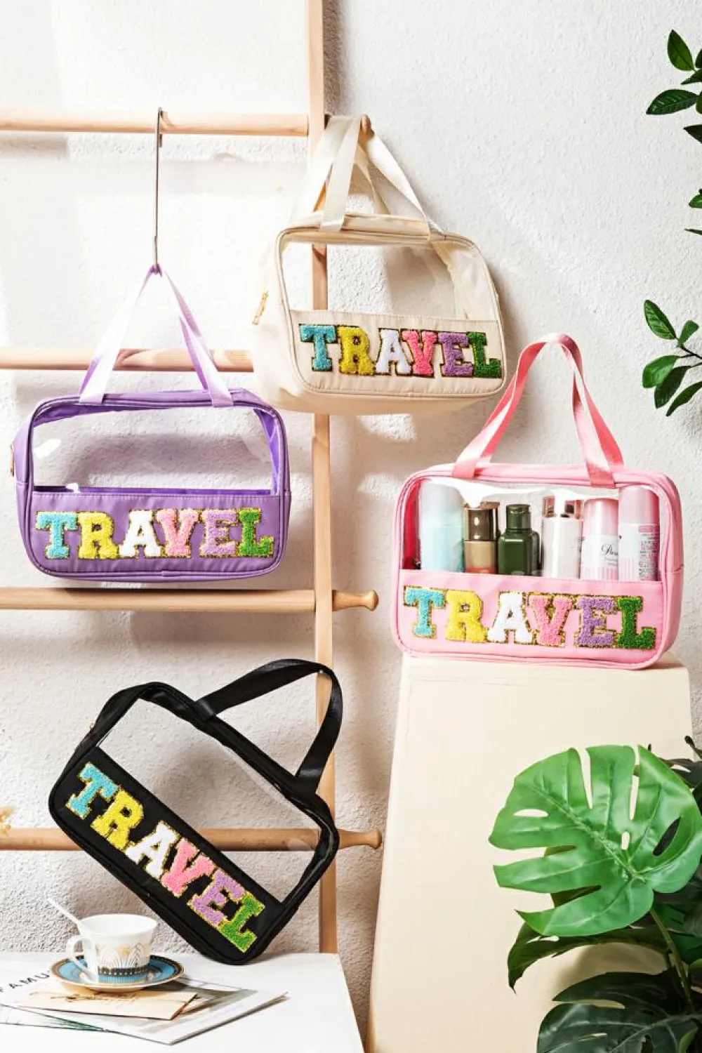 Hot Dear-Lover TRAVEL Chenille Letter Clear PVC Makeup Bag Light Pink