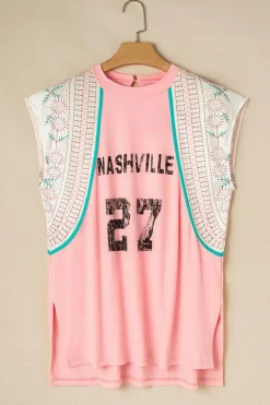 Sale Dear-Lover Vintage Nashville Printed Patchwork Tank Top Light Pink