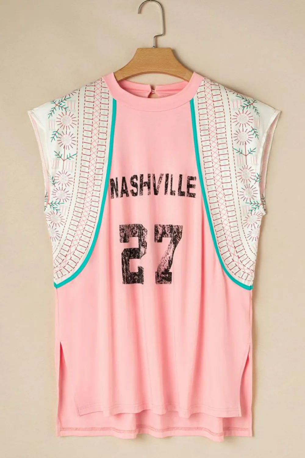 Sale Dear-Lover Vintage Nashville Printed Patchwork Tank Top Light Pink