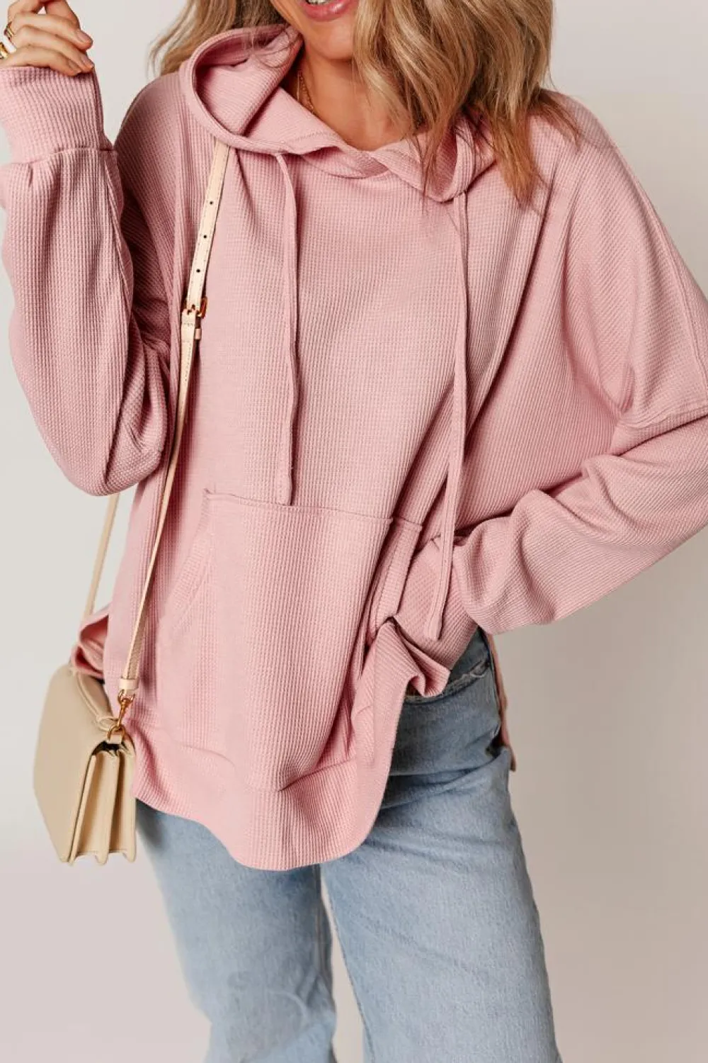 Outlet Dear-Lover Waffle Knit Fleece Lined High Low Oversized Hoodie Light Pink