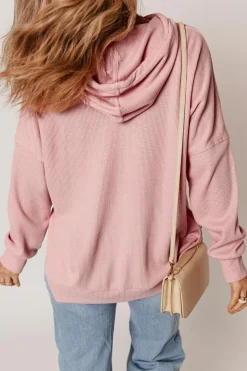 Outlet Dear-Lover Waffle Knit Fleece Lined High Low Oversized Hoodie Light Pink