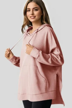Outlet Dear-Lover Waffle Knit Fleece Lined High Low Oversized Hoodie Light Pink