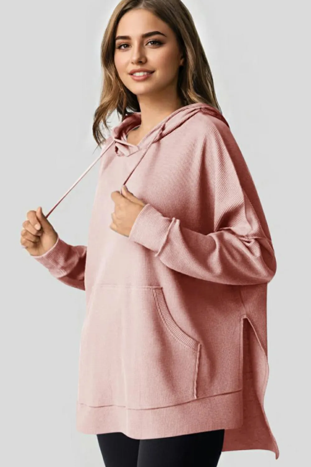 Outlet Dear-Lover Waffle Knit Fleece Lined High Low Oversized Hoodie Light Pink