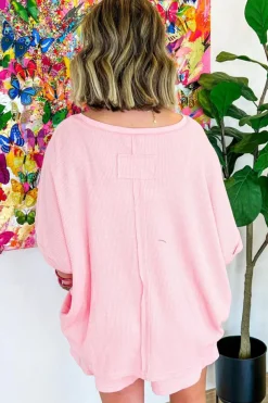 Clearance Dear-Lover Waffle Knit Oversize Tee and Shorts Set Light Pink