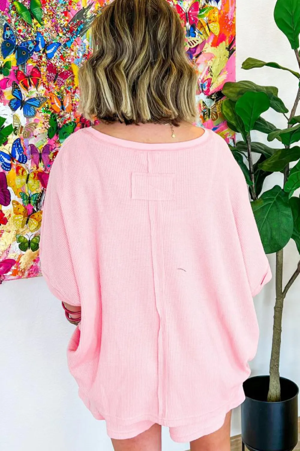 Clearance Dear-Lover Waffle Knit Oversize Tee and Shorts Set Light Pink