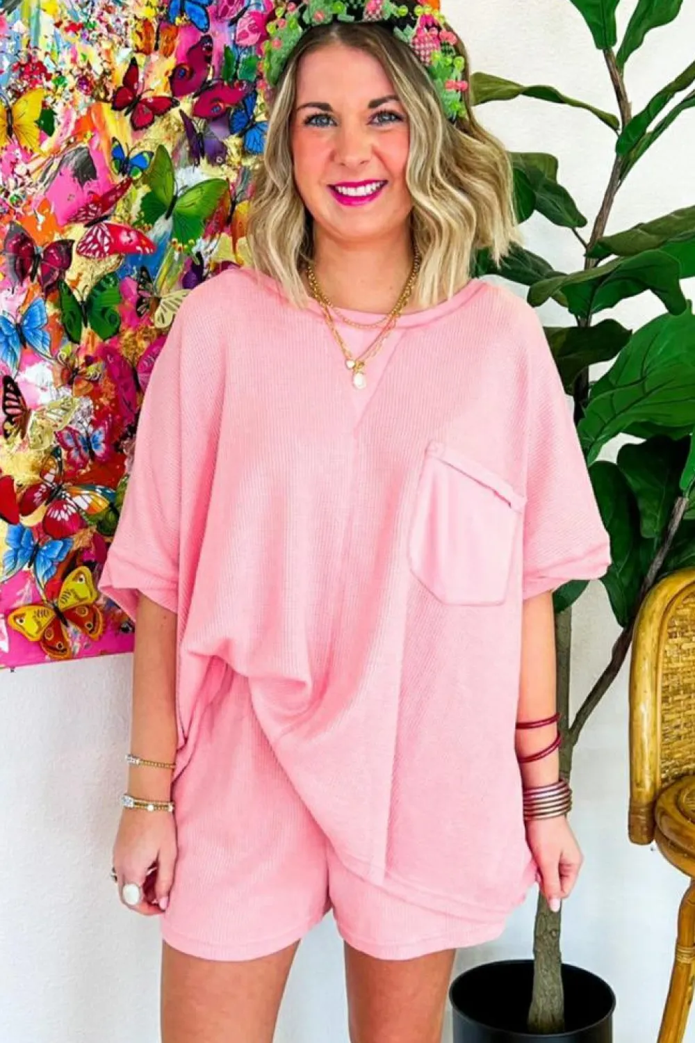 Clearance Dear-Lover Waffle Knit Oversize Tee and Shorts Set Light Pink