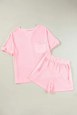 Clearance Dear-Lover Waffle Knit Oversize Tee and Shorts Set Light Pink
