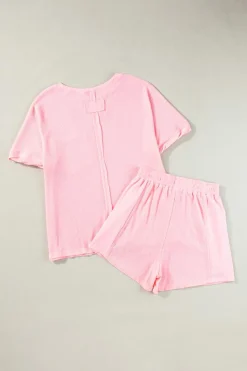 Clearance Dear-Lover Waffle Knit Oversize Tee and Shorts Set Light Pink